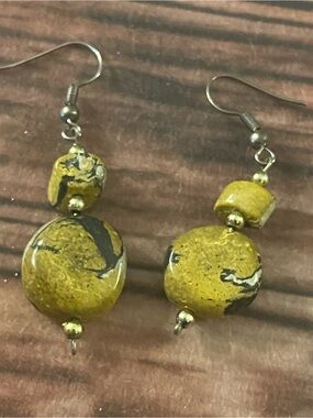 Yellow and Black Ceramic Bead Dangle Earrings - Women Jewelry